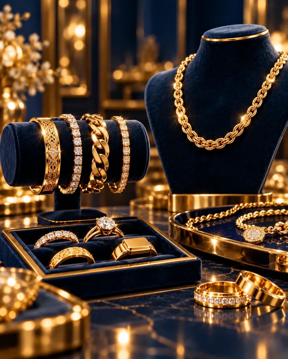 Edler Goldschmuck mit Ringen, Armbändern und Halskette als Symbolbild